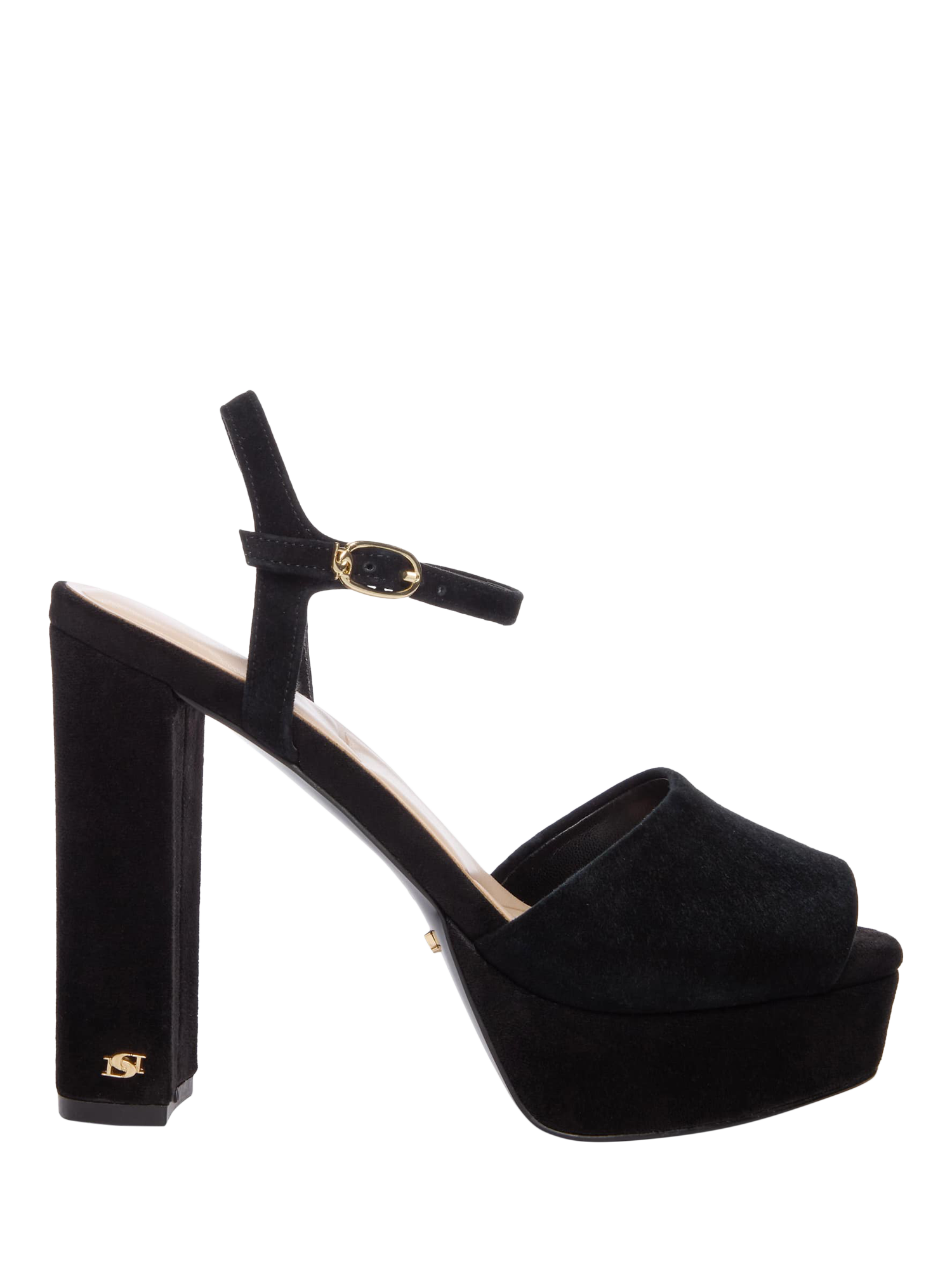 Product image 1 of 6, which shows Dune London Mayci Suede Heeled Platform Sandals, Black, EU36