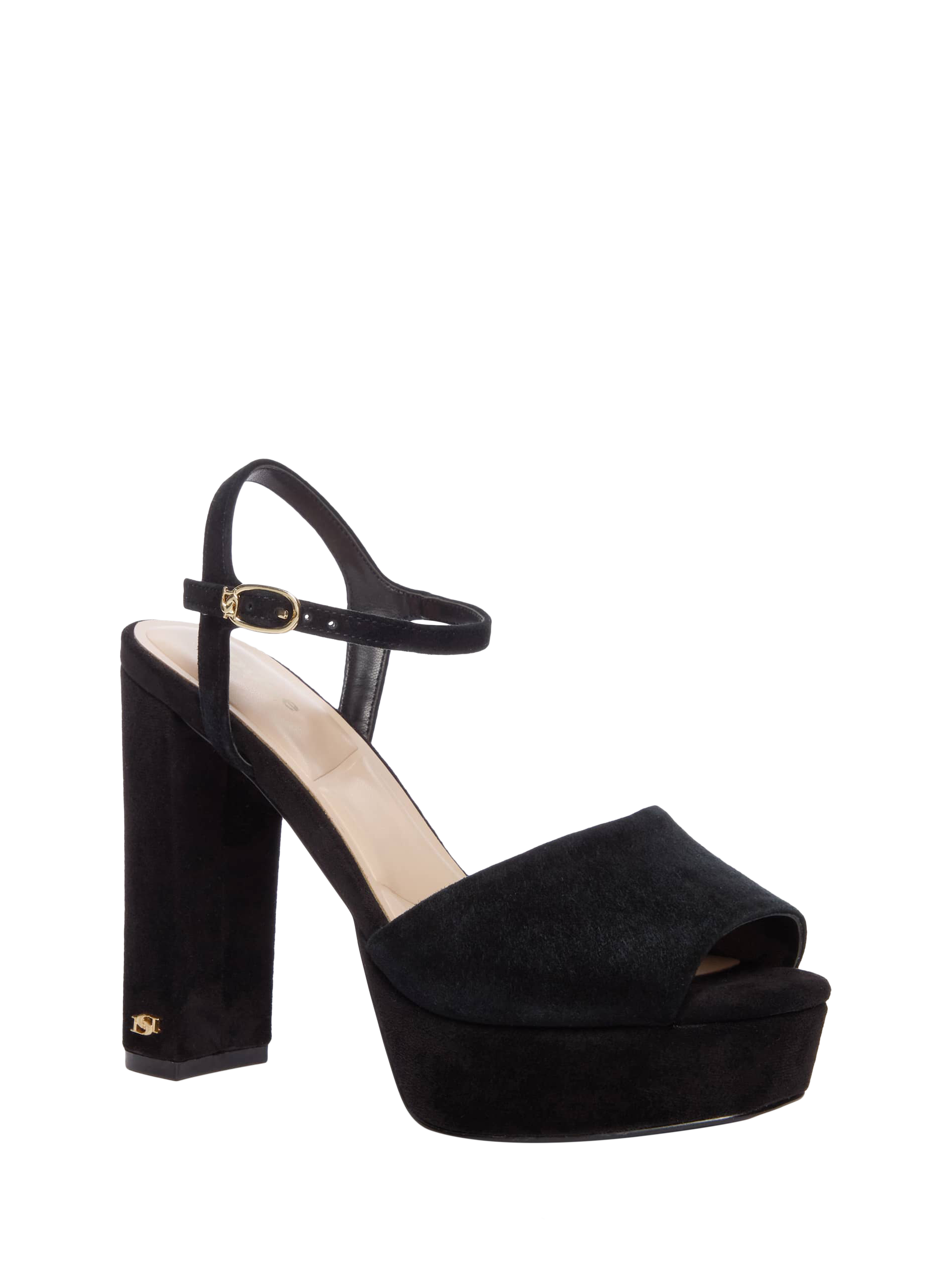Product image 4 of 6, which shows Dune London Mayci Suede Heeled Platform Sandals, Black, EU36