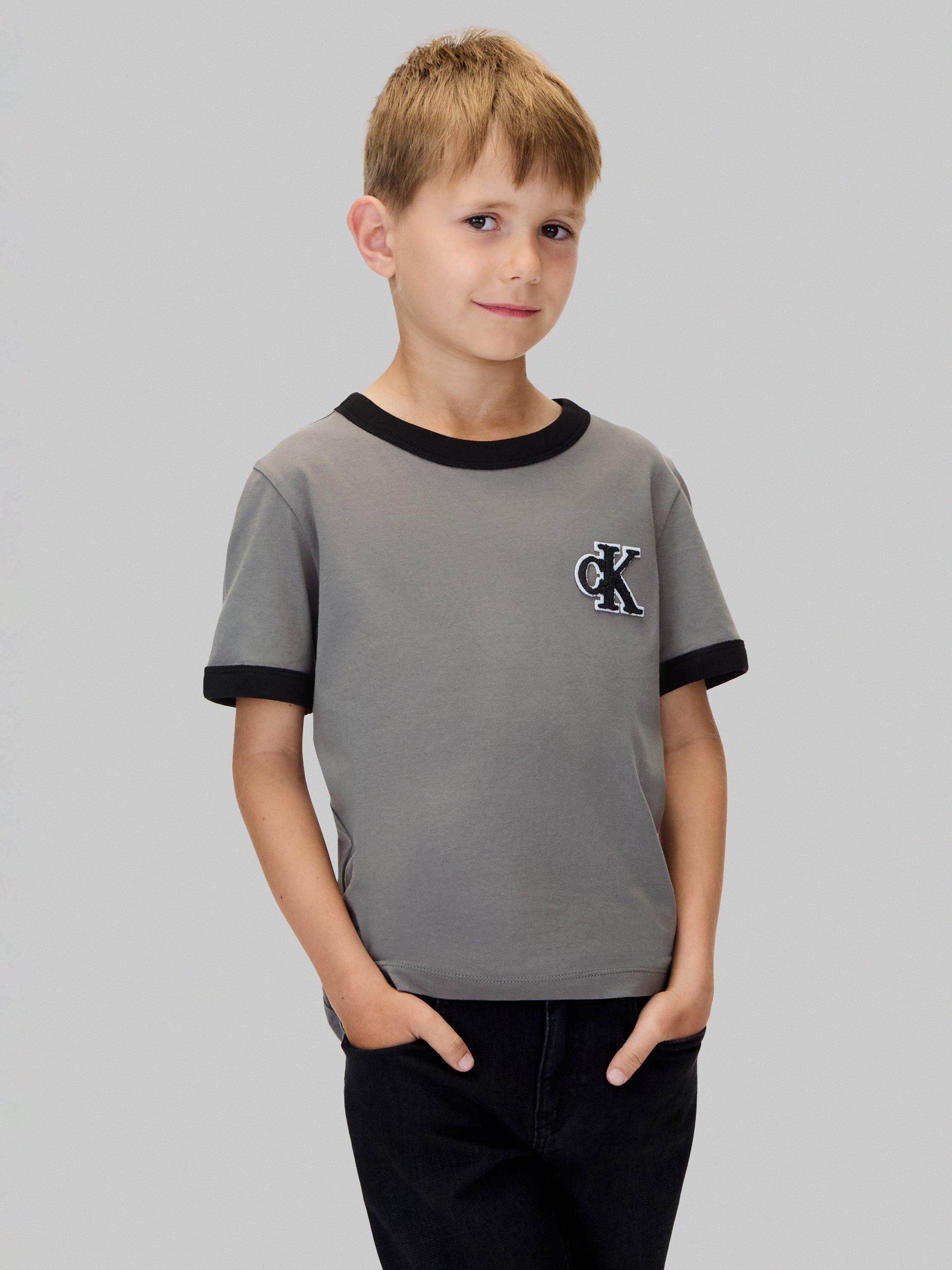 Product image 1 of 6, which shows Calvin Klein Kids' Ringer Monogram T-Shirt, Granite Gray, 6 years