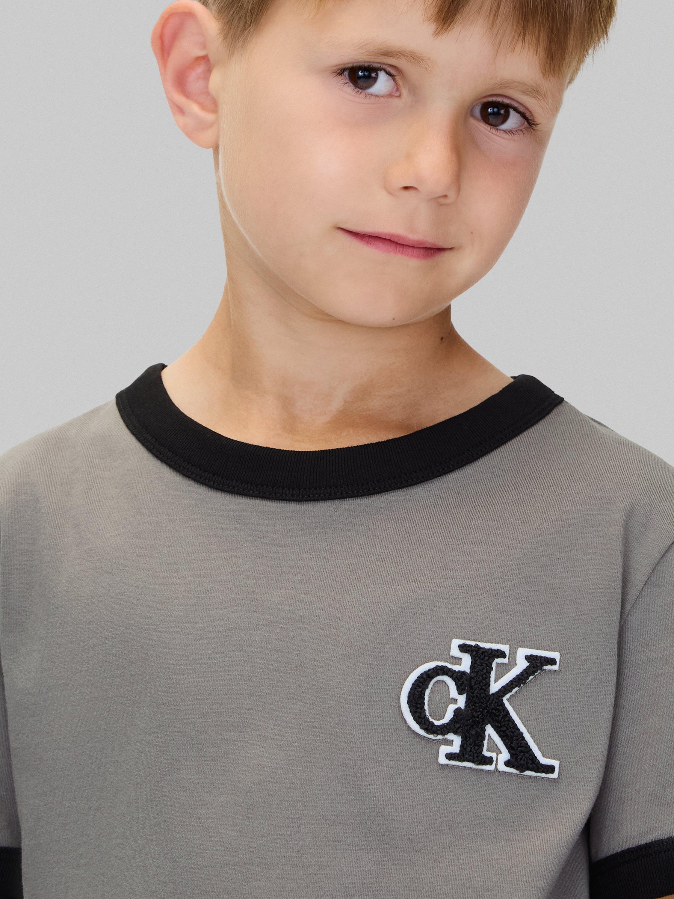 Product image 4 of 6, which shows Calvin Klein Kids' Ringer Monogram T-Shirt, Granite Gray, 6 years