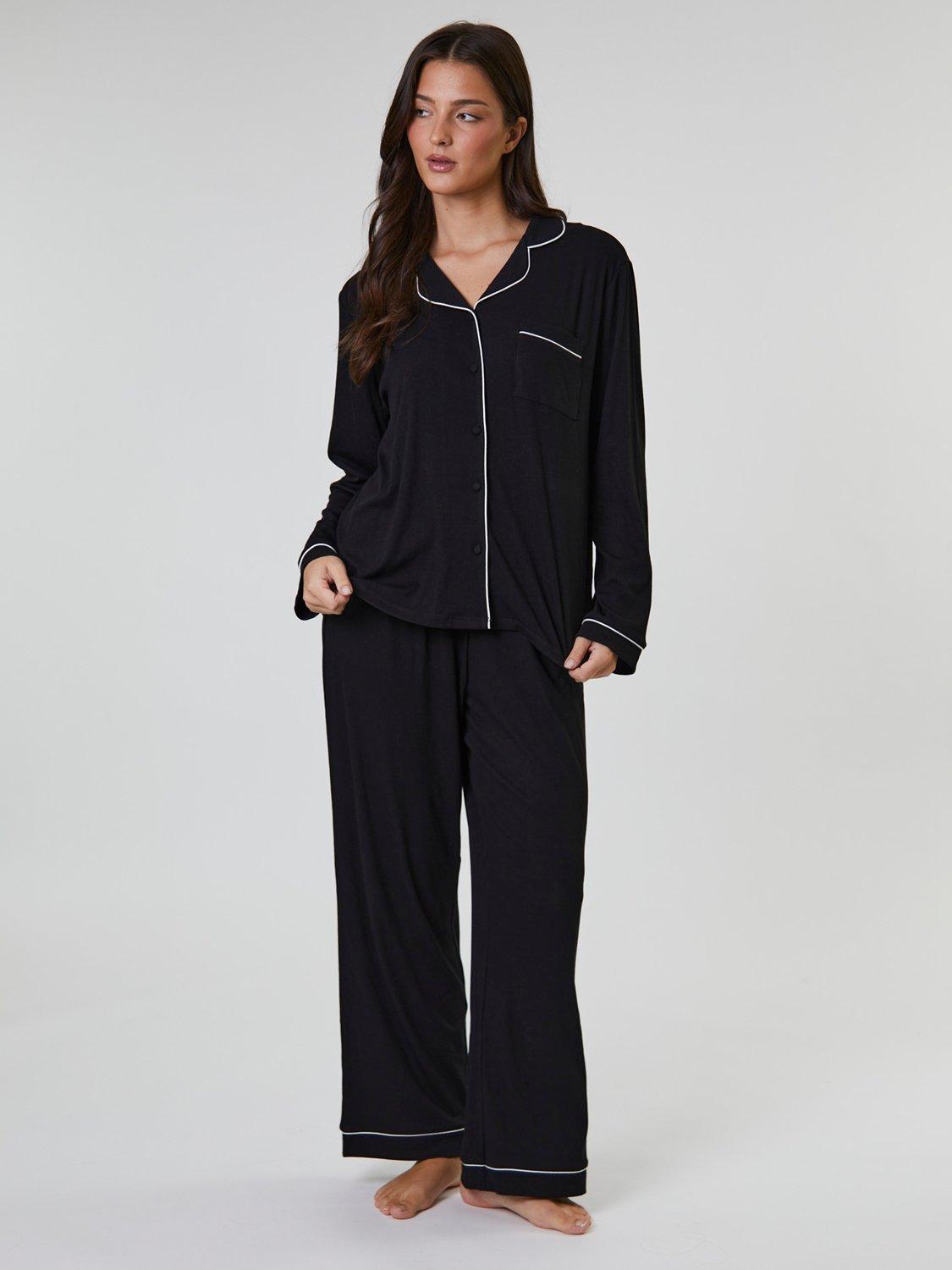 Product image 1 of 4, which shows Loungeable Ribbed Traditional Long Pyjama Set, Black, XS