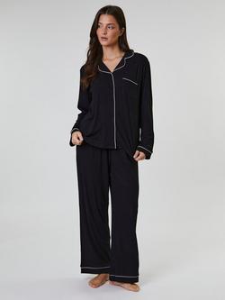 Loungeable Ribbed Traditional Long Pyjama Set, Black