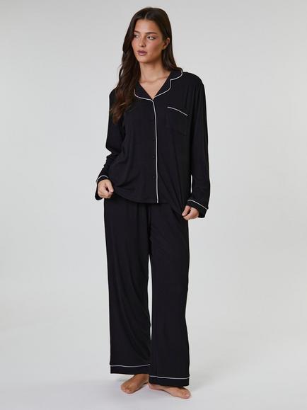 Loungeable Ribbed Traditional Long Pyjama Set, Black