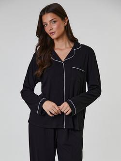 Loungeable Ribbed Traditional Long Pyjama Set - view 2, Black