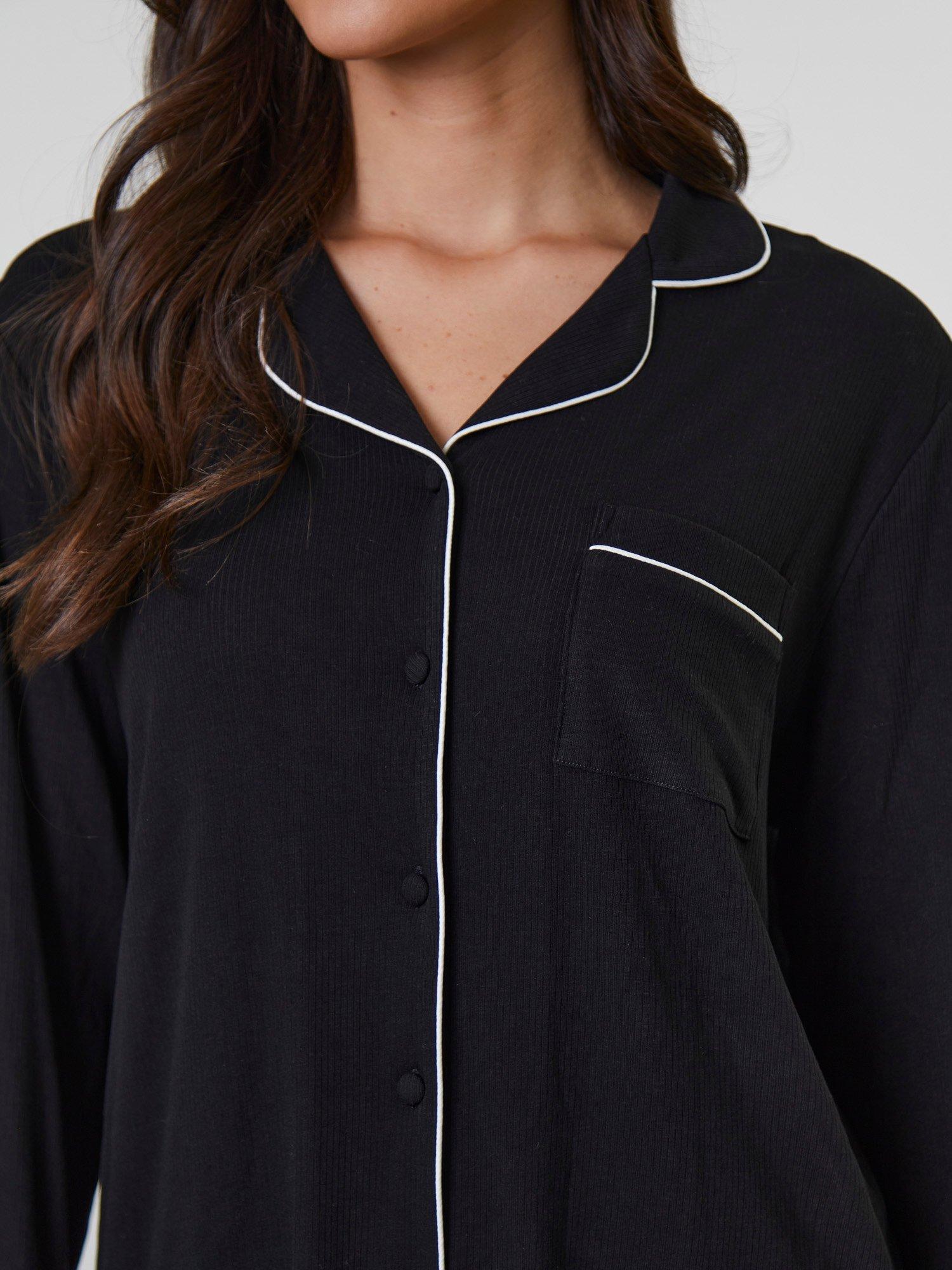 Product image 3 of 4, which shows Loungeable Ribbed Traditional Long Pyjama Set, Black, XS