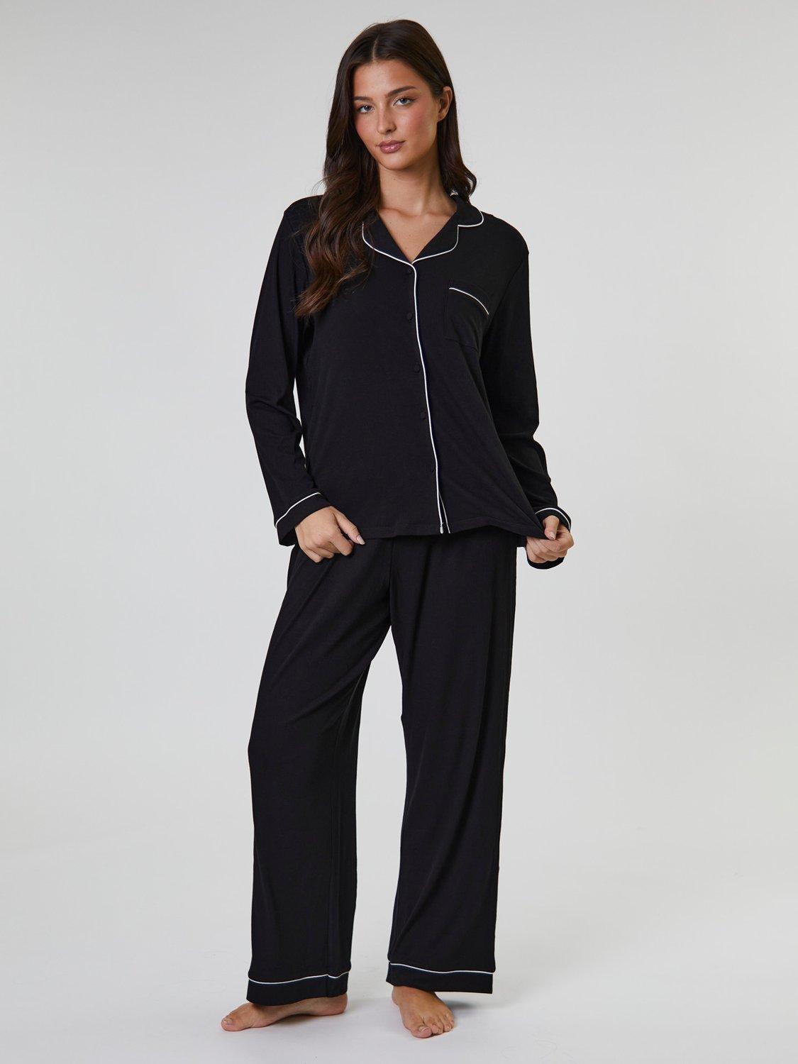 Product image 4 of 4, which shows Loungeable Ribbed Traditional Long Pyjama Set, Black, XS
