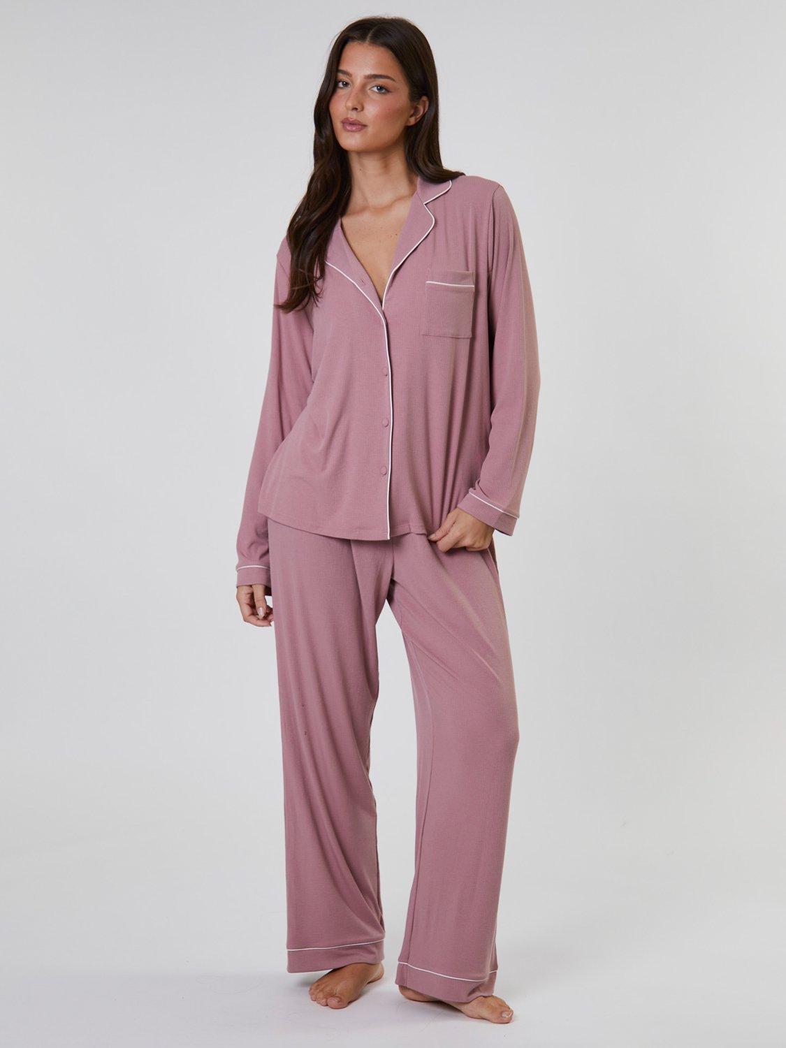 Product image 1 of 4, which shows Loungeable Ribbed Traditional Long Pyjama Set, Pink, XS