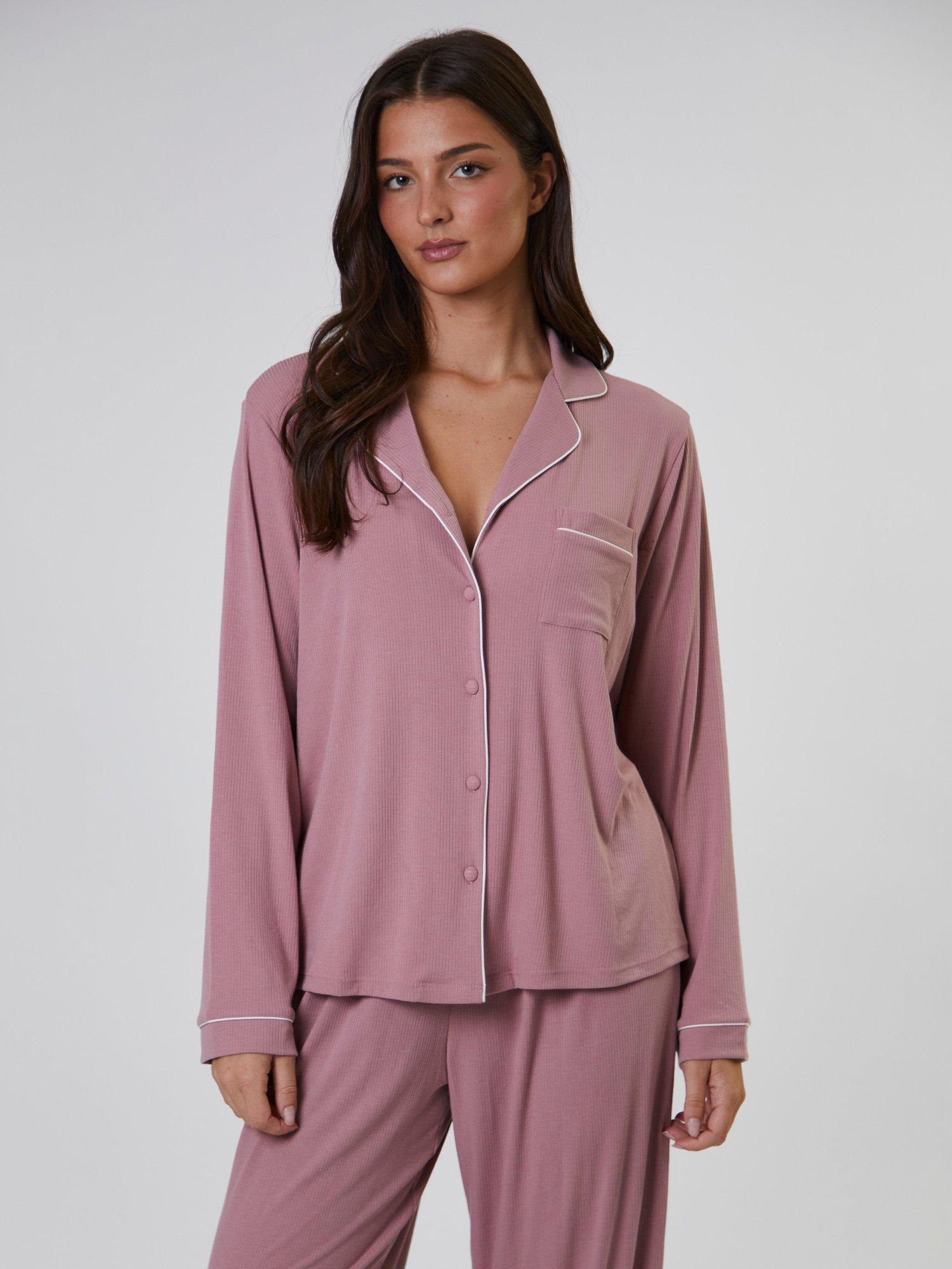 Product image 3 of 4, which shows Loungeable Ribbed Traditional Long Pyjama Set, Pink, XS