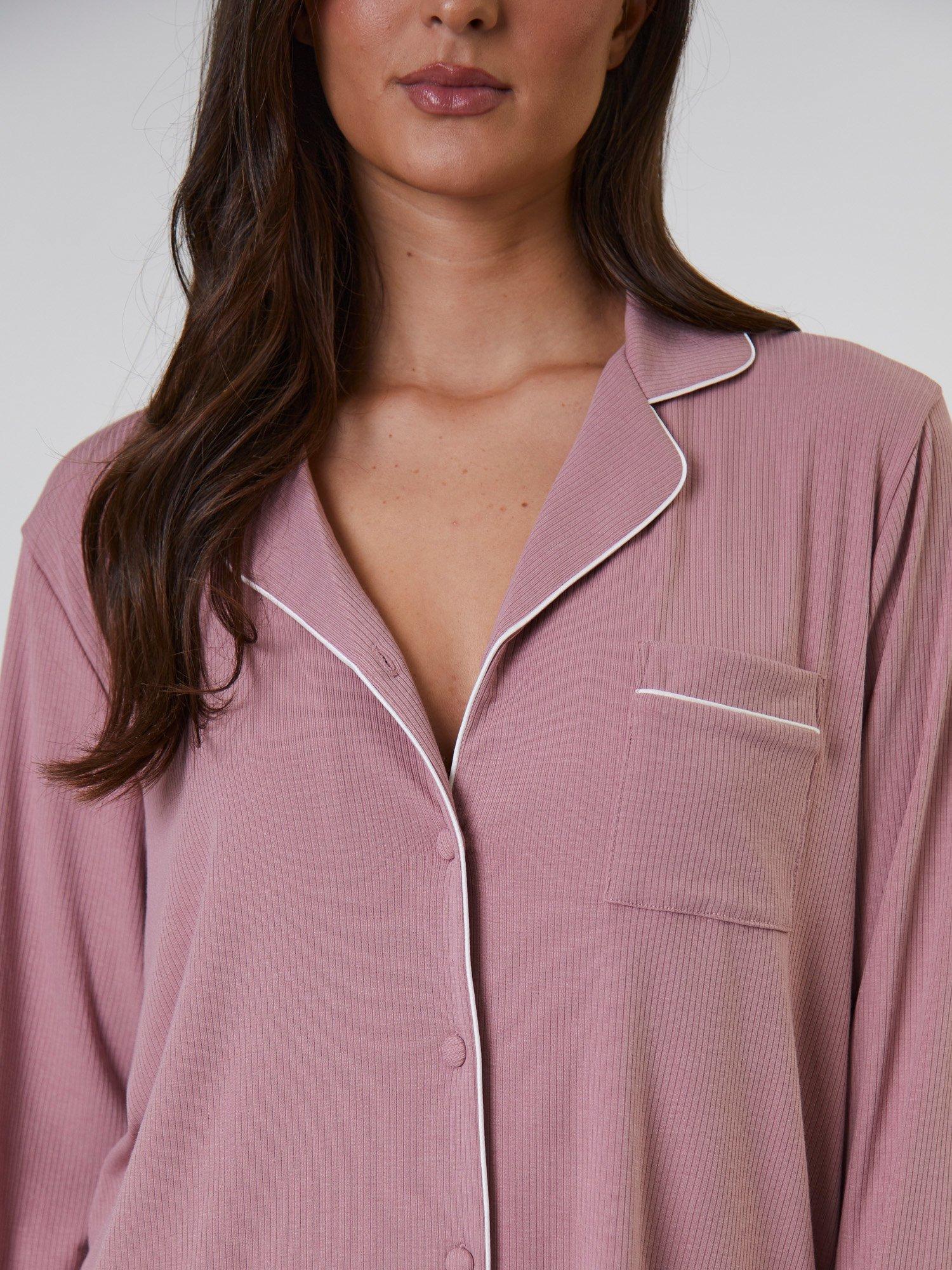 Product image 4 of 4, which shows Loungeable Ribbed Traditional Long Pyjama Set, Pink, XS