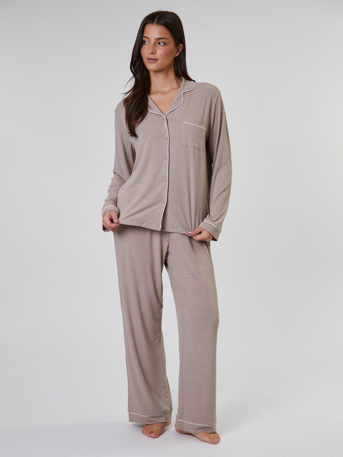 Product image 1 of 4, which shows Loungeable Ribbed Traditional Long Pyjama Set, Oatmeal, XS