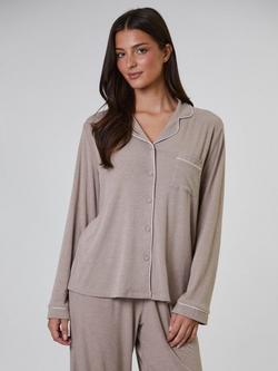 Loungeable Ribbed Traditional Long Pyjama Set - view 2, Oatmeal