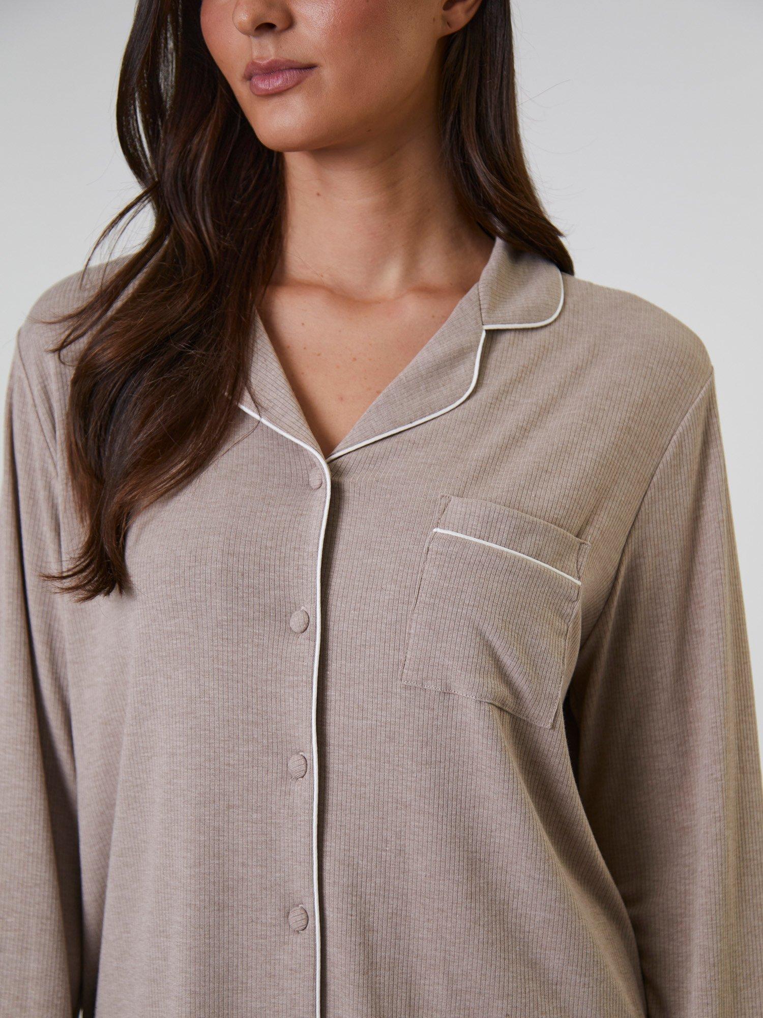 Product image 3 of 4, which shows Loungeable Ribbed Traditional Long Pyjama Set, Oatmeal, XS