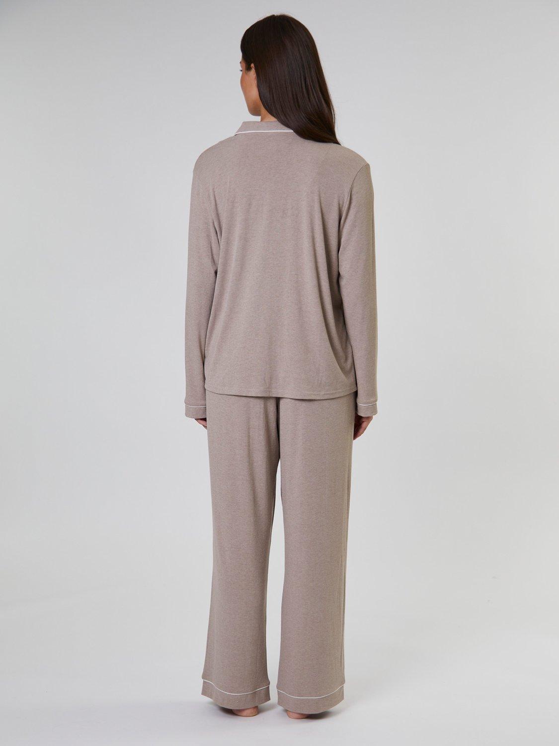 Product image 4 of 4, which shows Loungeable Ribbed Traditional Long Pyjama Set, Oatmeal, XS