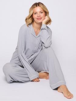 Loungeable Ribbed Traditional Long Pyjama Set - view 2, Silver