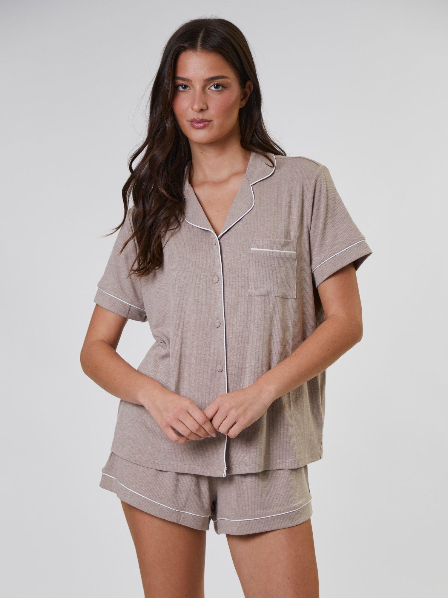 Product image 1 of 4, which shows Loungeable Ribbed Traditional Short Pyjama Set, Oatmeal, XS