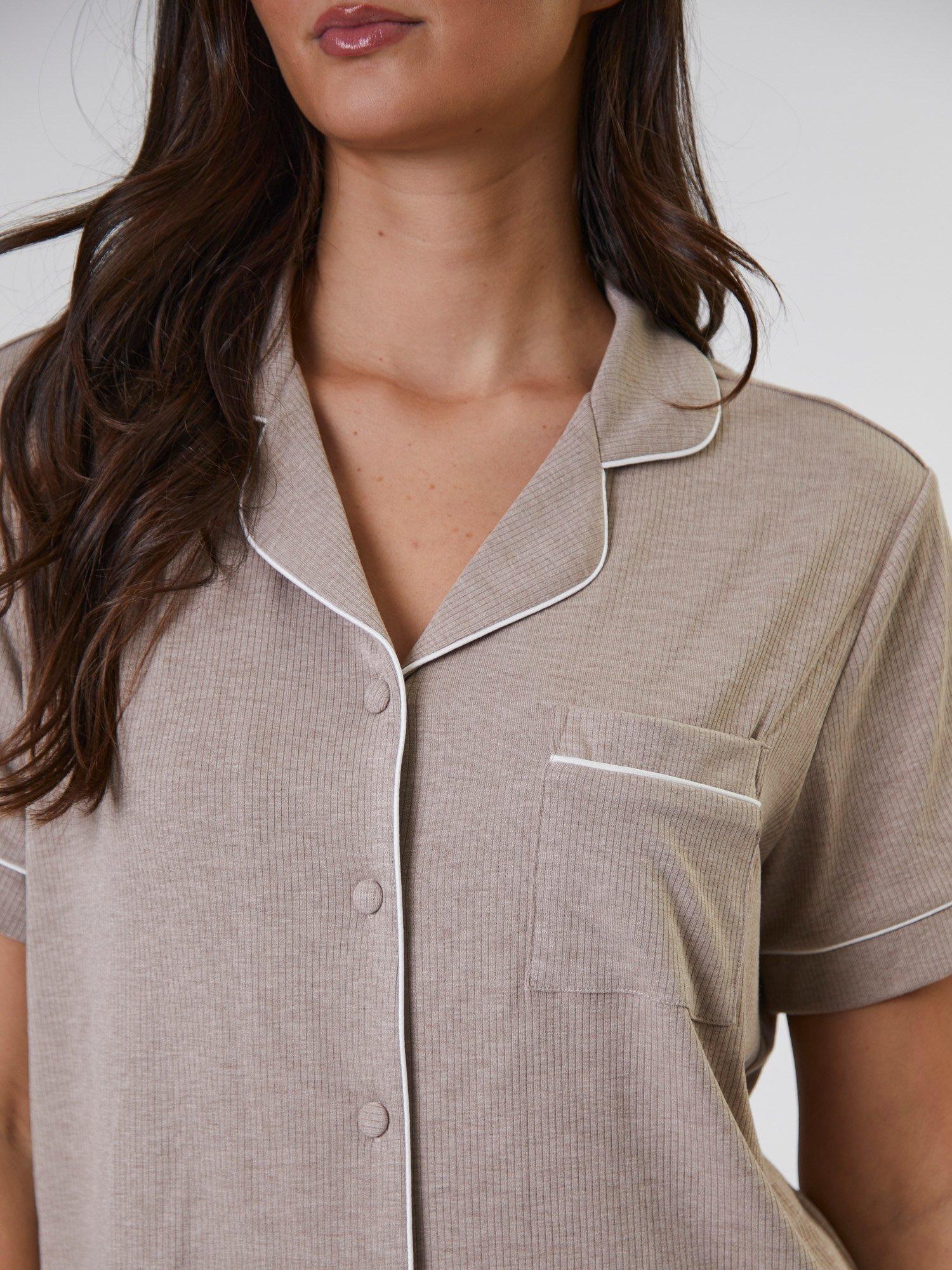 Product image 3 of 4, which shows Loungeable Ribbed Traditional Short Pyjama Set, Oatmeal, XS