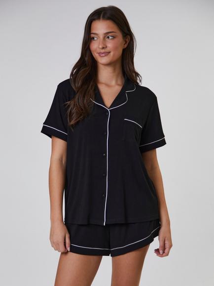 Loungeable Ribbed Traditional Short Pyjama Set, Black