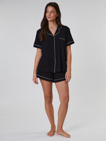 Loungeable Ribbed Traditional Short Pyjama Set - view 2, Black