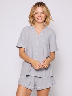 Loungeable Ribbed Traditional Short Pyjama Set, Silver
