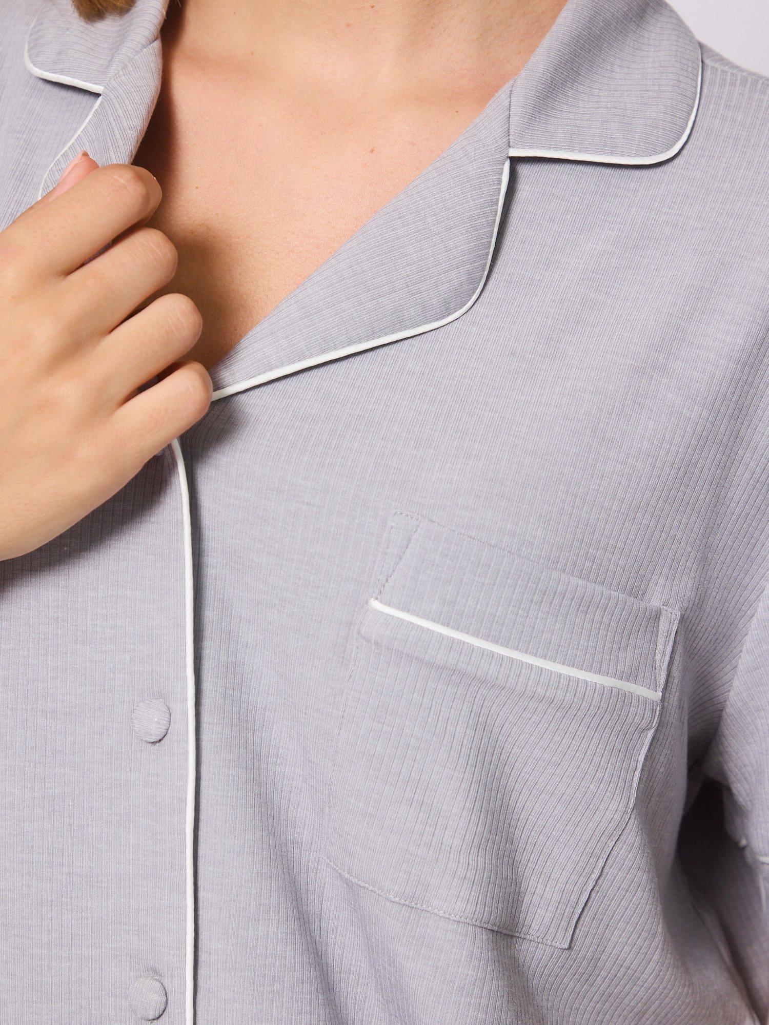 Product image 2 of 4, which shows Loungeable Ribbed Traditional Short Pyjama Set, Silver, XS