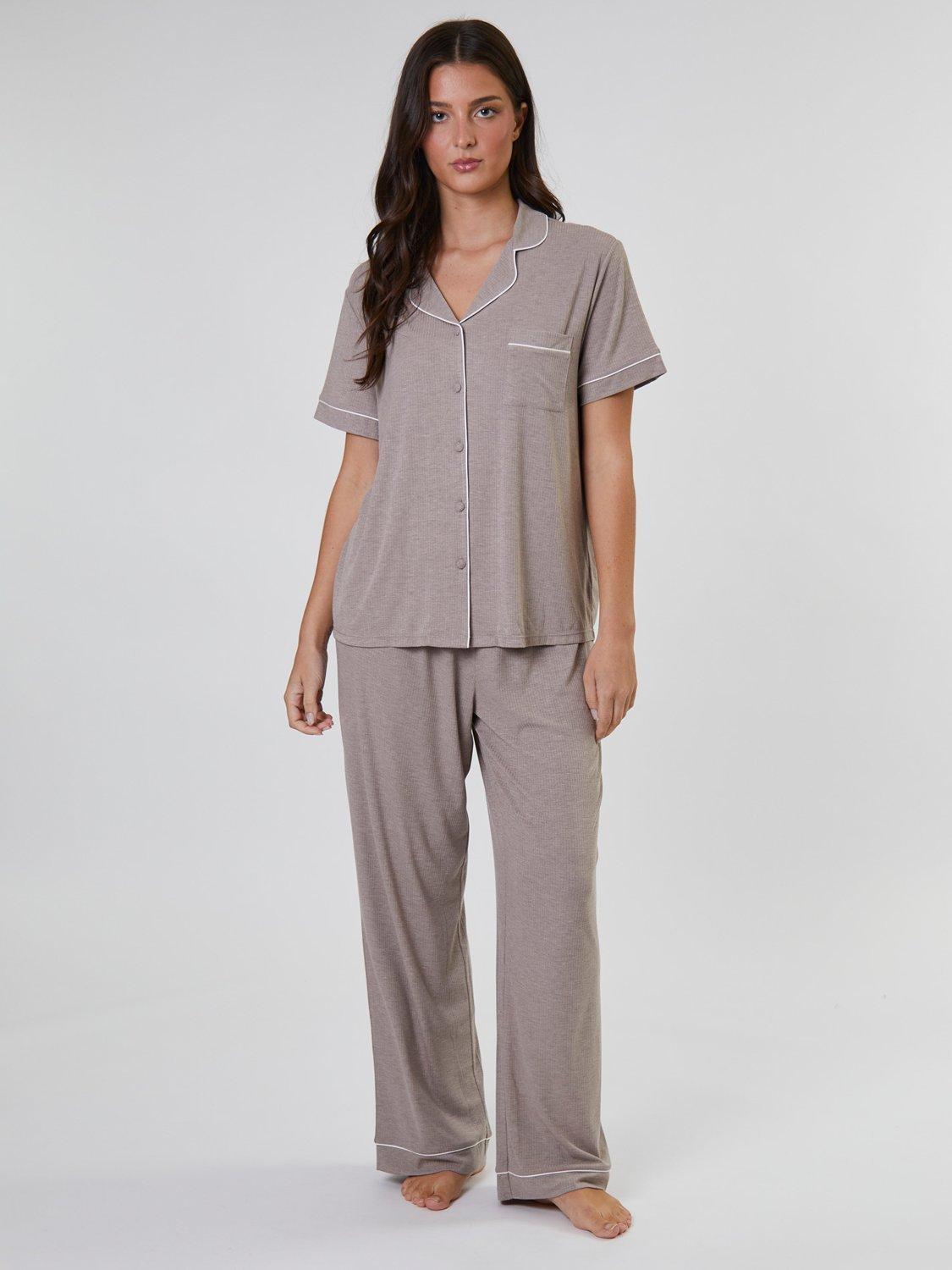 Product image 1 of 4, which shows Loungeable Ribbed Traditional Short Sleeve Long Pyjama Set, Oatmeal, L