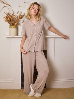 Loungeable Ribbed Traditional Short Sleeve Long Pyjama Set - view 2, Oatmeal