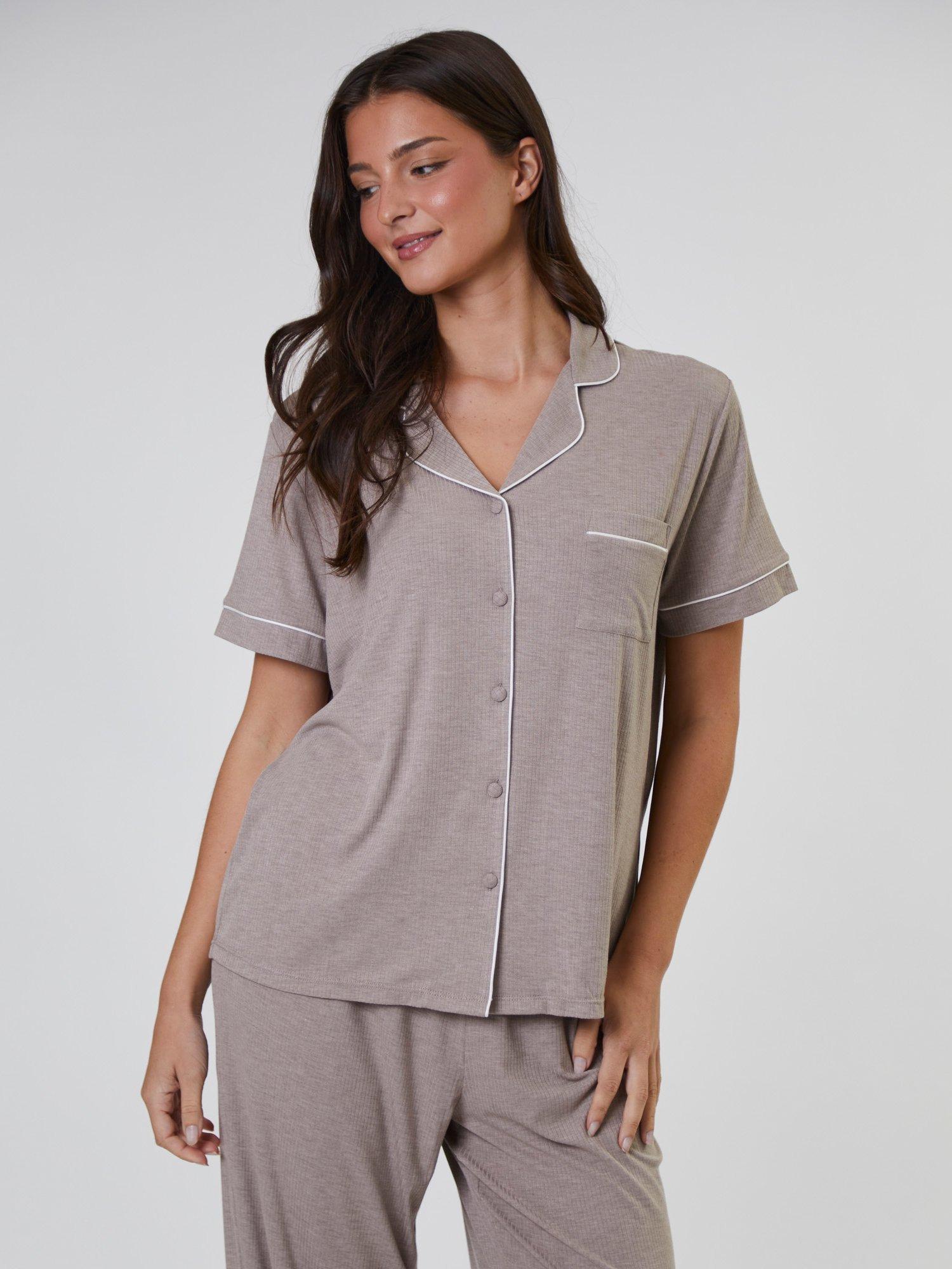 Product image 4 of 4, which shows Loungeable Ribbed Traditional Short Sleeve Long Pyjama Set, Oatmeal, L