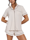 Loungeable Ribbed Traditional Short Pyjama Set, Vanilla