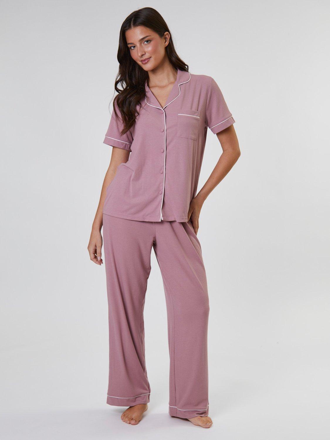 Product image 1 of 4, which shows Loungeable Ribbed Traditional Short Sleeve Long Pyjama Set, Pink, XS