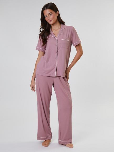 Loungeable Ribbed Traditional Short Sleeve Long Pyjama Set, Pink