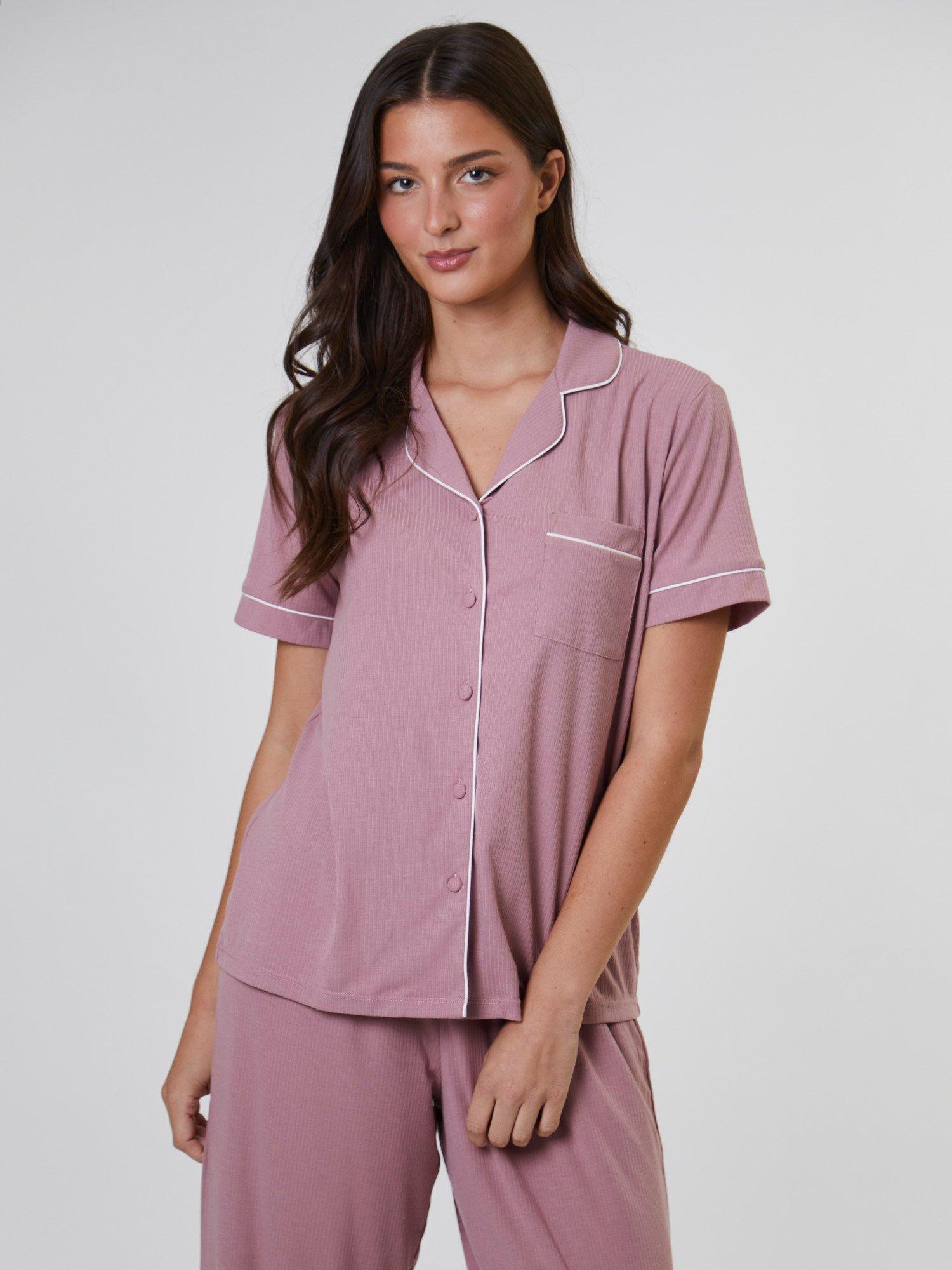 Product image 2 of 4, which shows Loungeable Ribbed Traditional Short Sleeve Long Pyjama Set, Pink, XS