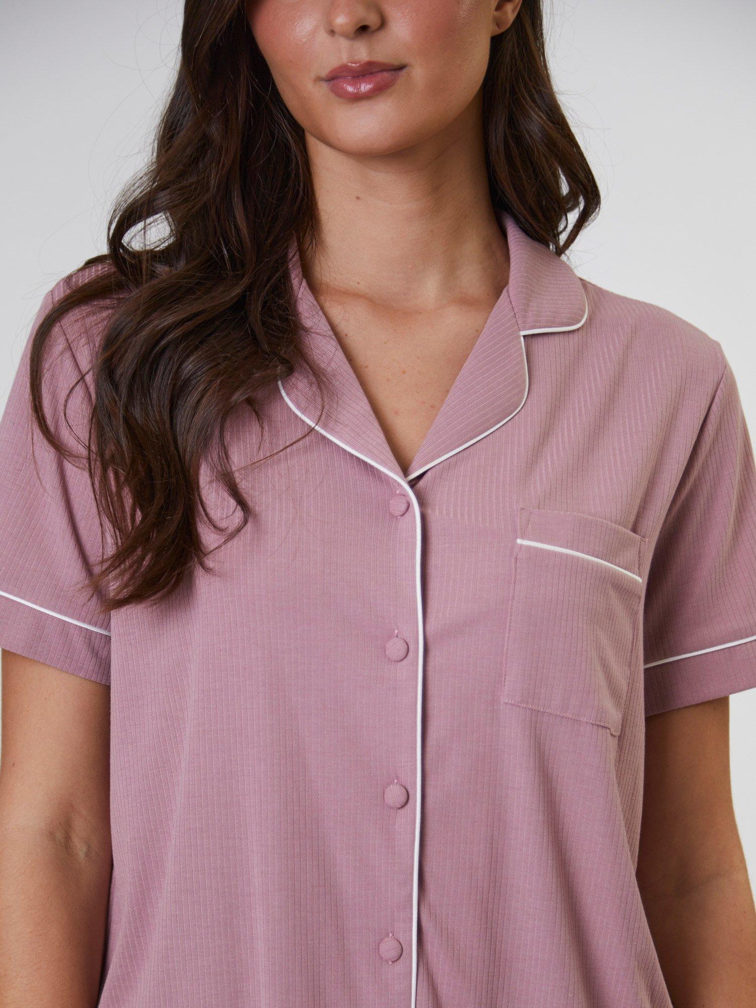 Product image 3 of 4, which shows Loungeable Ribbed Traditional Short Sleeve Long Pyjama Set, Pink, XS