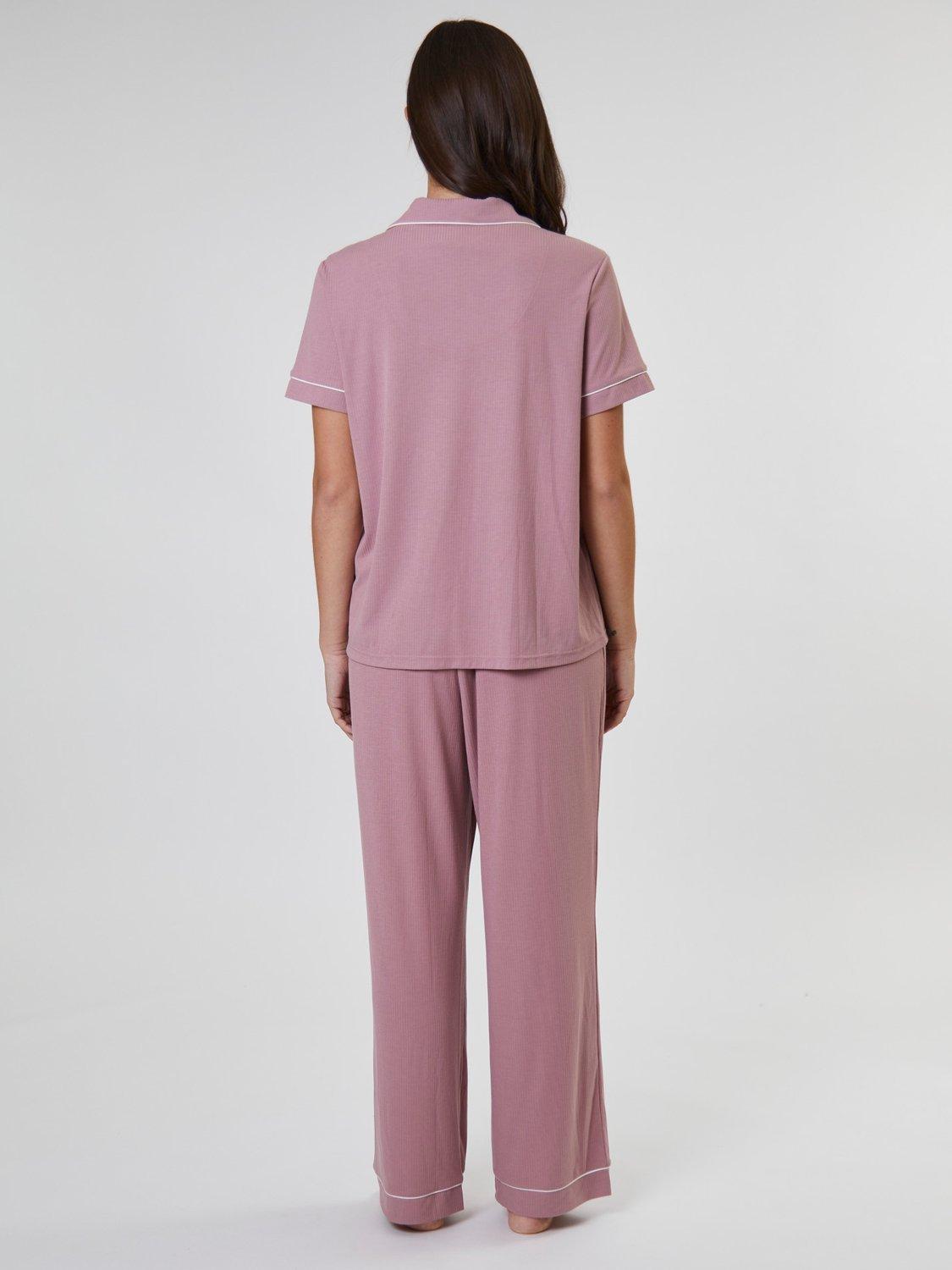 Product image 4 of 4, which shows Loungeable Ribbed Traditional Short Sleeve Long Pyjama Set, Pink, XS