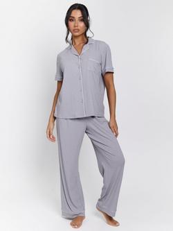 Loungeable Ribbed Traditional Short Sleeve Long Pyjama Set, Silver