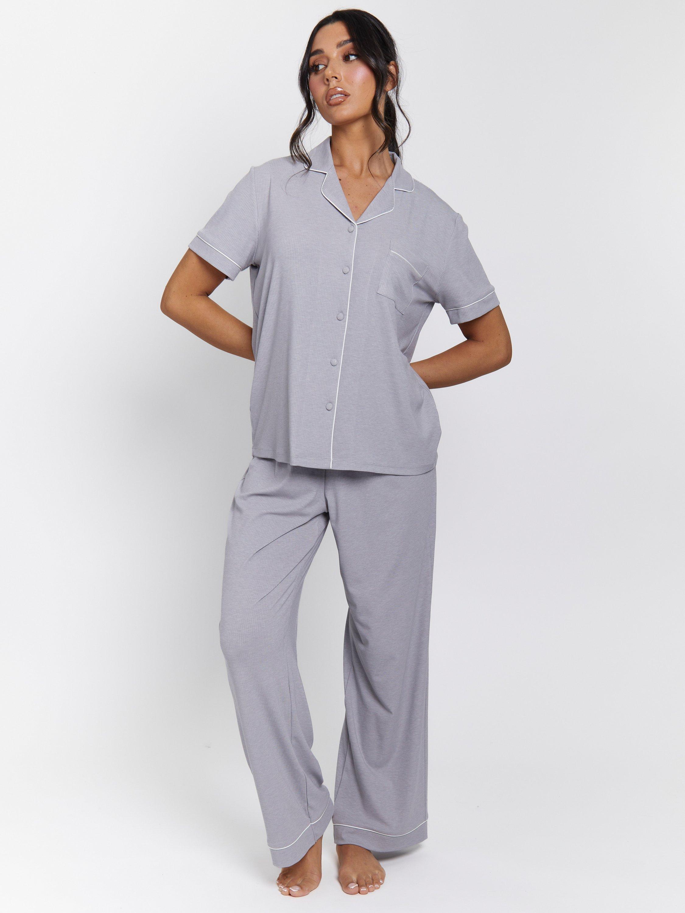 Product image 3 of 4, which shows Loungeable Ribbed Traditional Short Sleeve Long Pyjama Set, Silver, XS