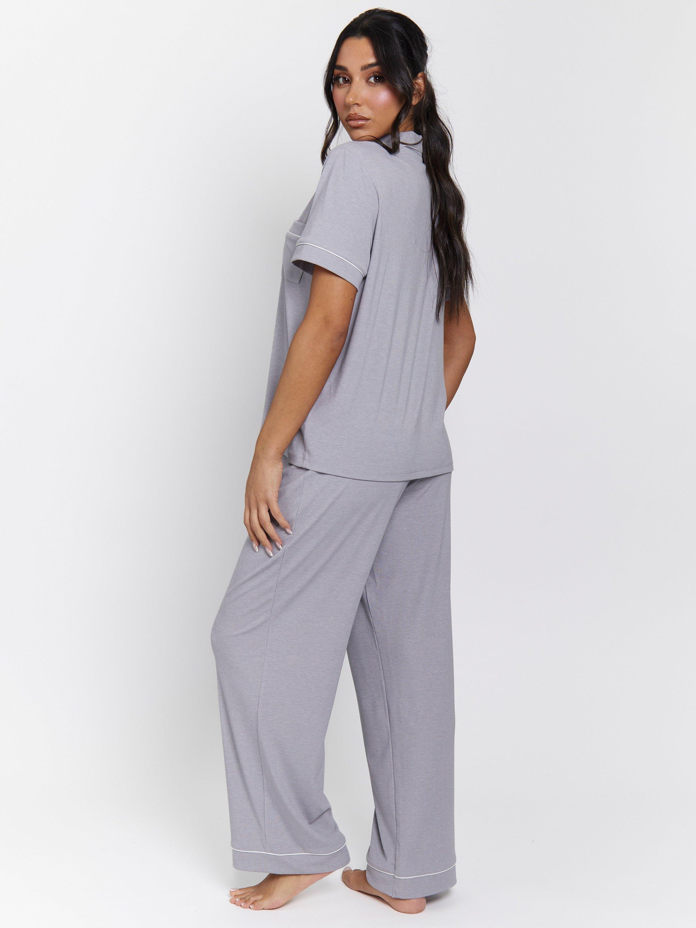 Product image 4 of 4, which shows Loungeable Ribbed Traditional Short Sleeve Long Pyjama Set, Silver, XS