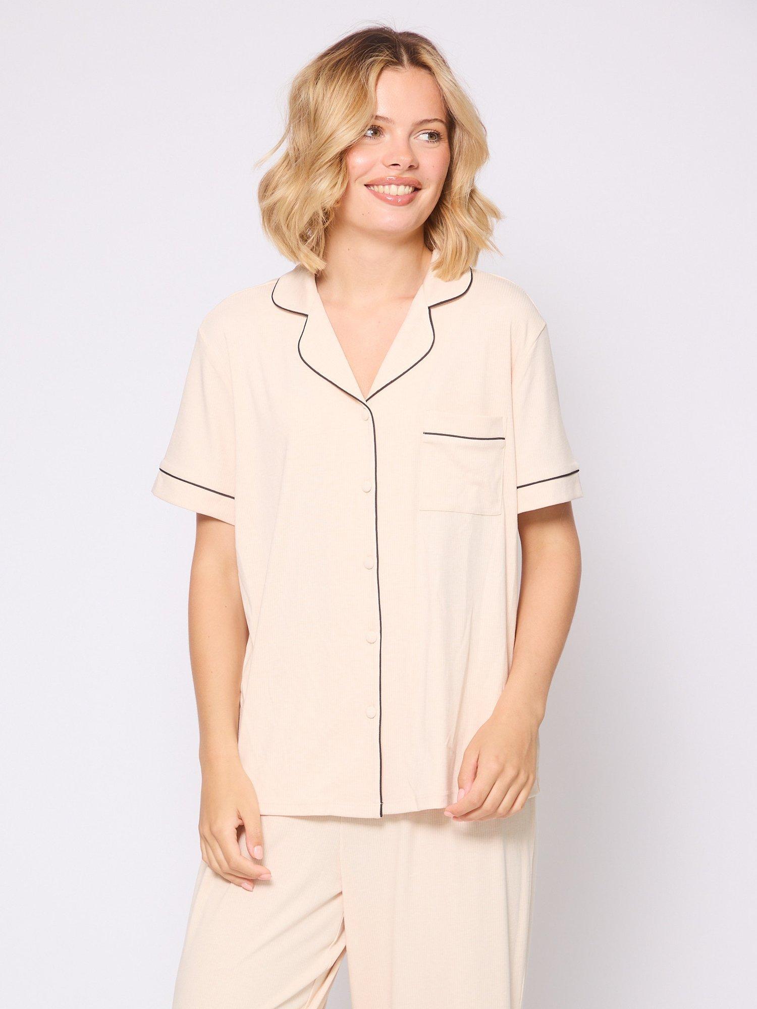 Product image 2 of 4, which shows Loungeable Ribbed Traditional Short Sleeve Long Pyjama Set, Vanilla, XS