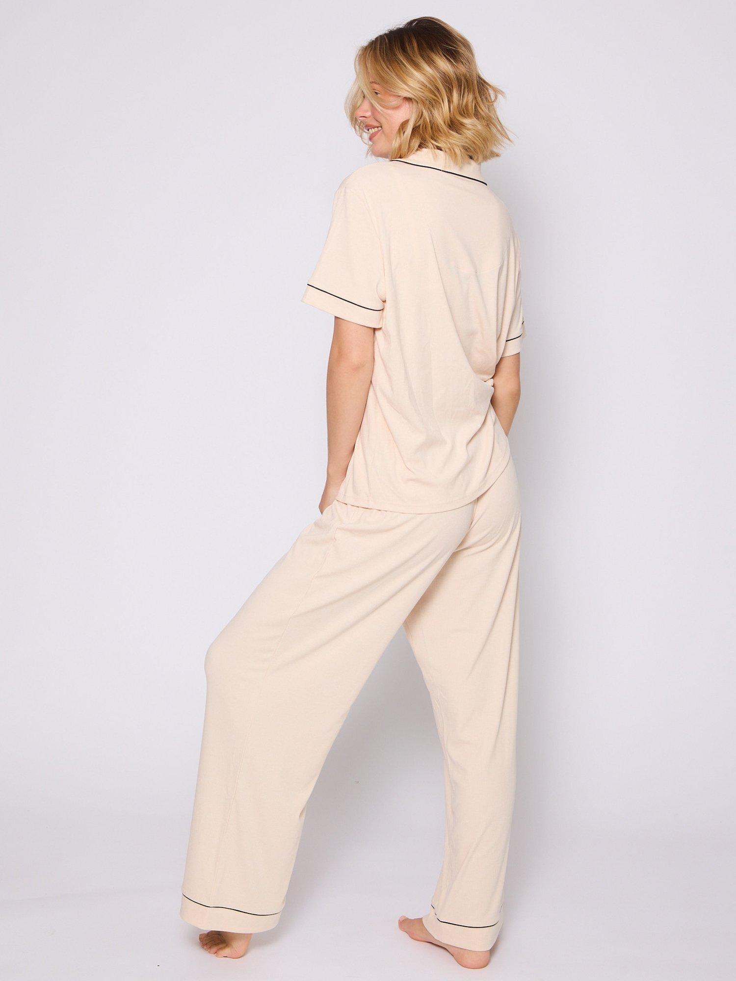 Product image 4 of 4, which shows Loungeable Ribbed Traditional Short Sleeve Long Pyjama Set, Vanilla, XS