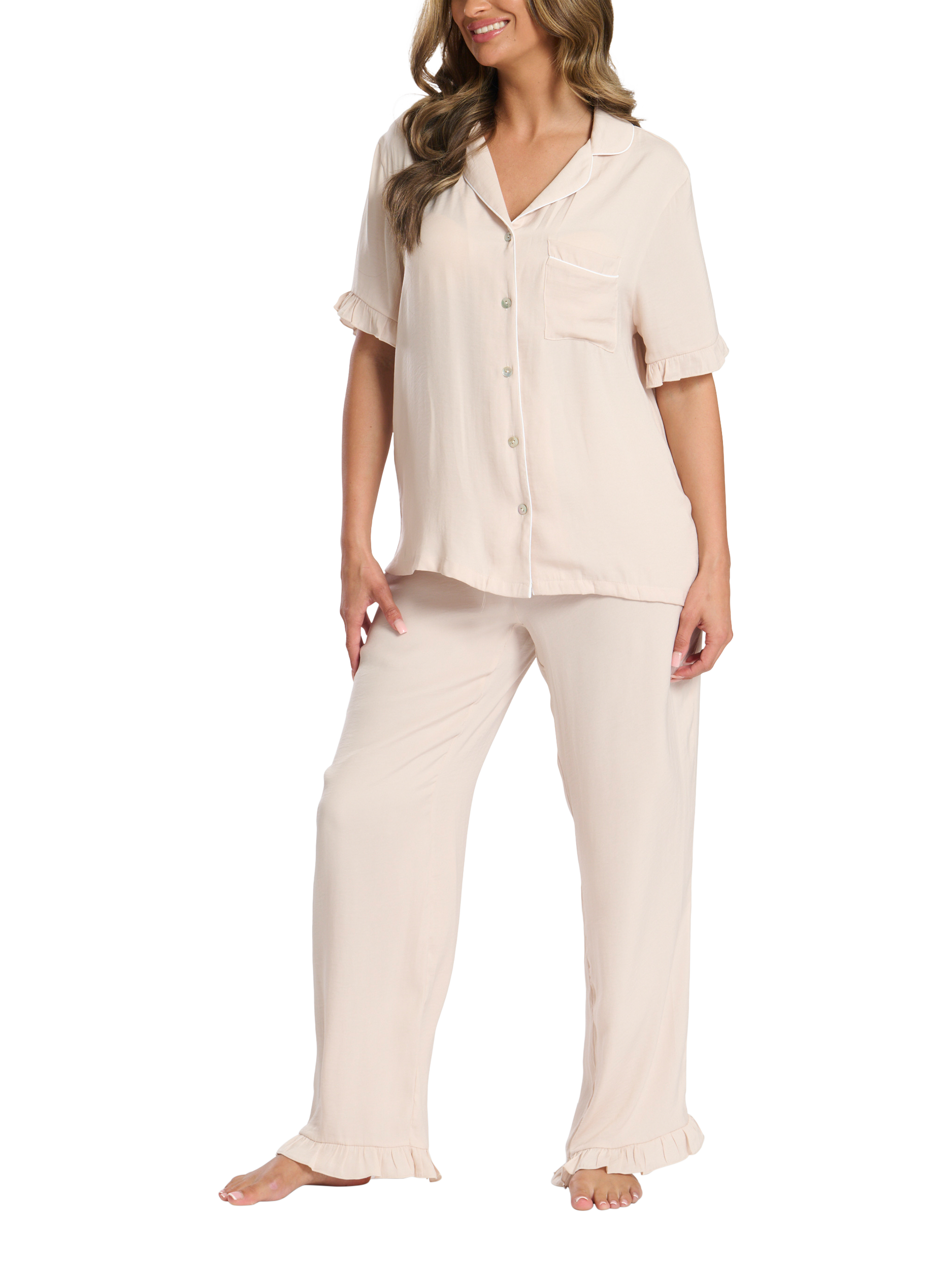 Product image 1 of 4, which shows Loungeable Ruffle Short Sleeve Long Pyjama Set, Taupe, L