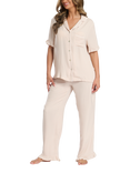 Loungeable Ruffle Short Sleeve Long Pyjama Set, Taupe, Taupe