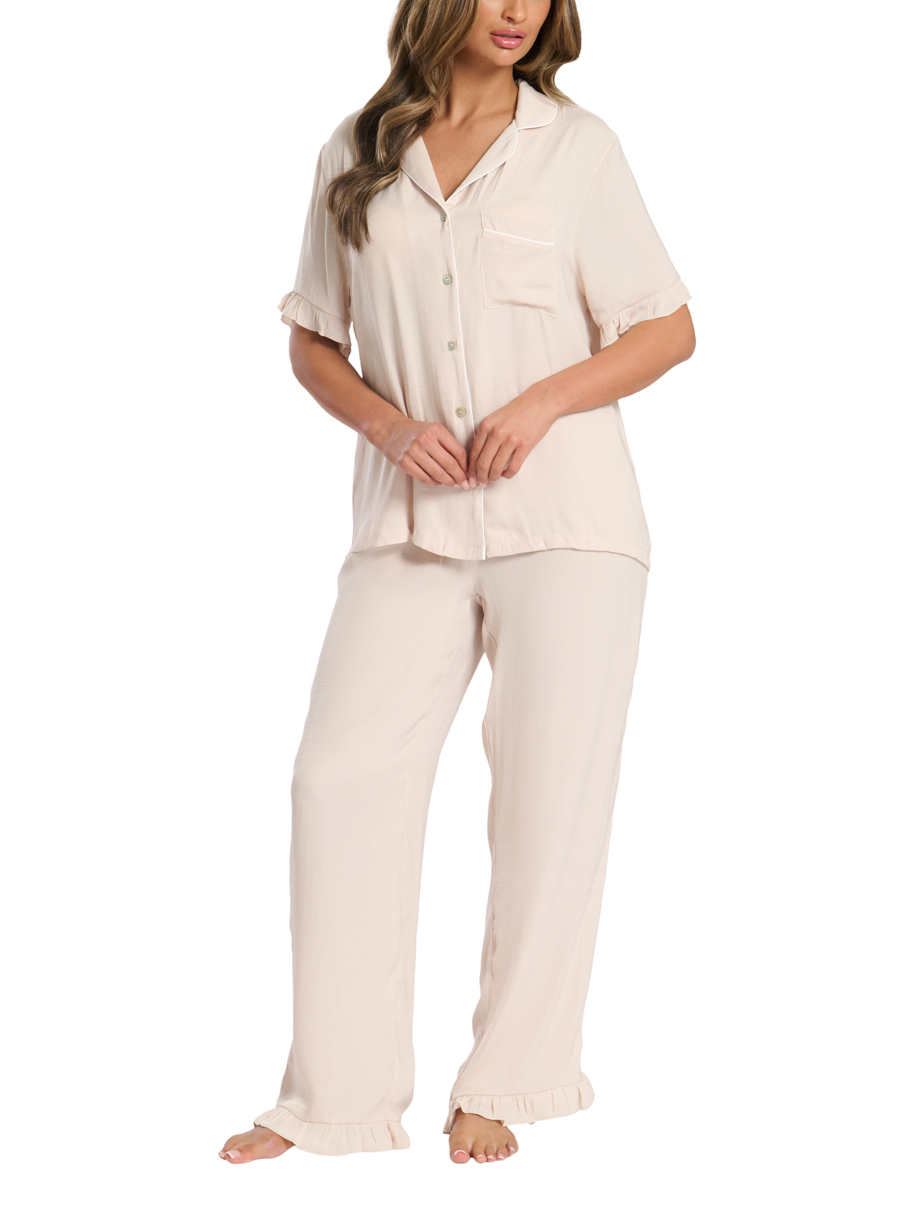 Product image 3 of 4, which shows Loungeable Ruffle Short Sleeve Long Pyjama Set, Taupe, L