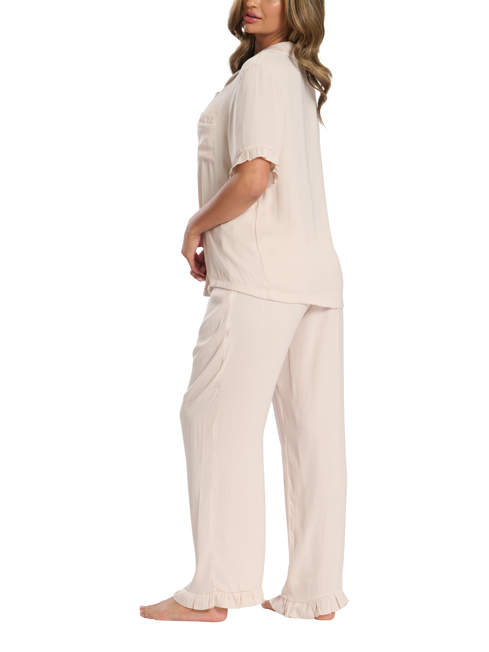 Product image 4 of 4, which shows Loungeable Ruffle Short Sleeve Long Pyjama Set, Taupe, L