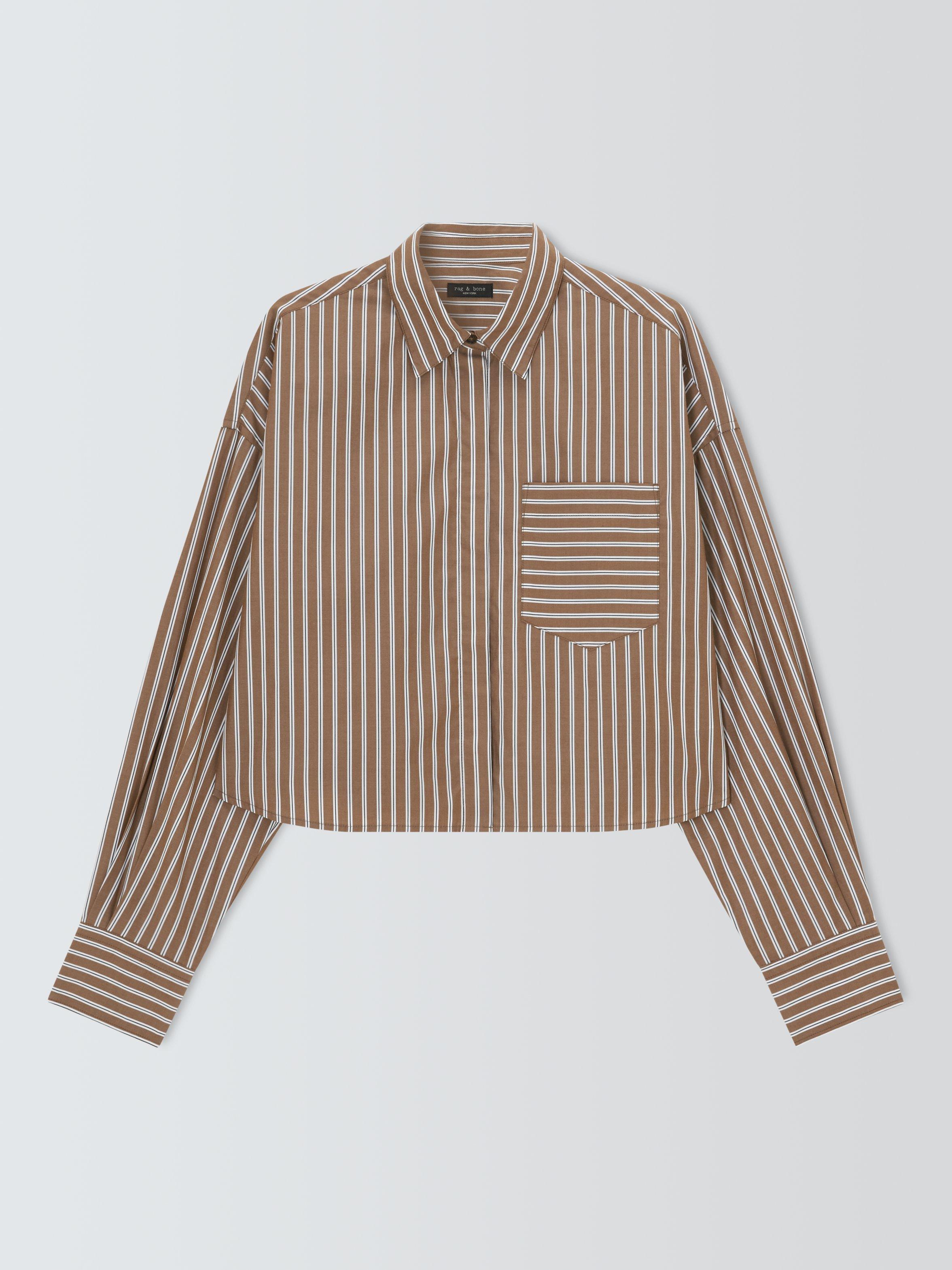 Product image 1 of 1, which shows rag & bone Marin Stripe Cropped Shirt, Brown/White, S