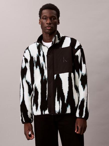 Calvin Klein High Neck Printed Sherpa Jacket, Black, Black