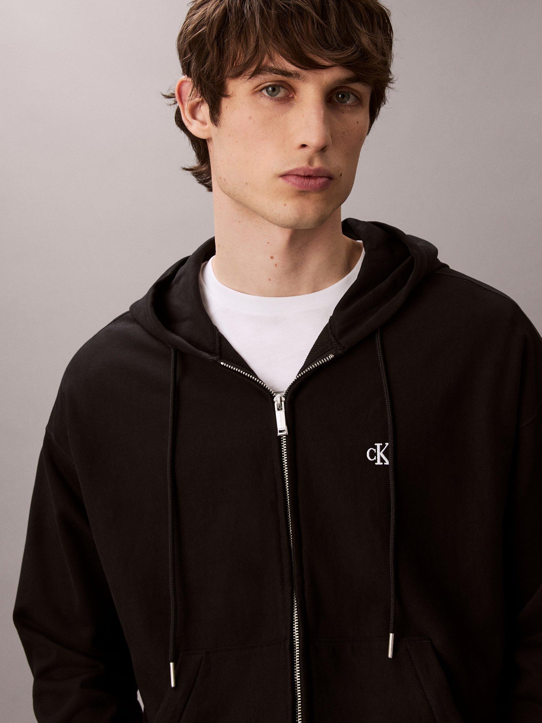Product image 2 of 6, which shows Calvin Klein Monogram Zip Front Cotton Blend Hoodie, Black, S