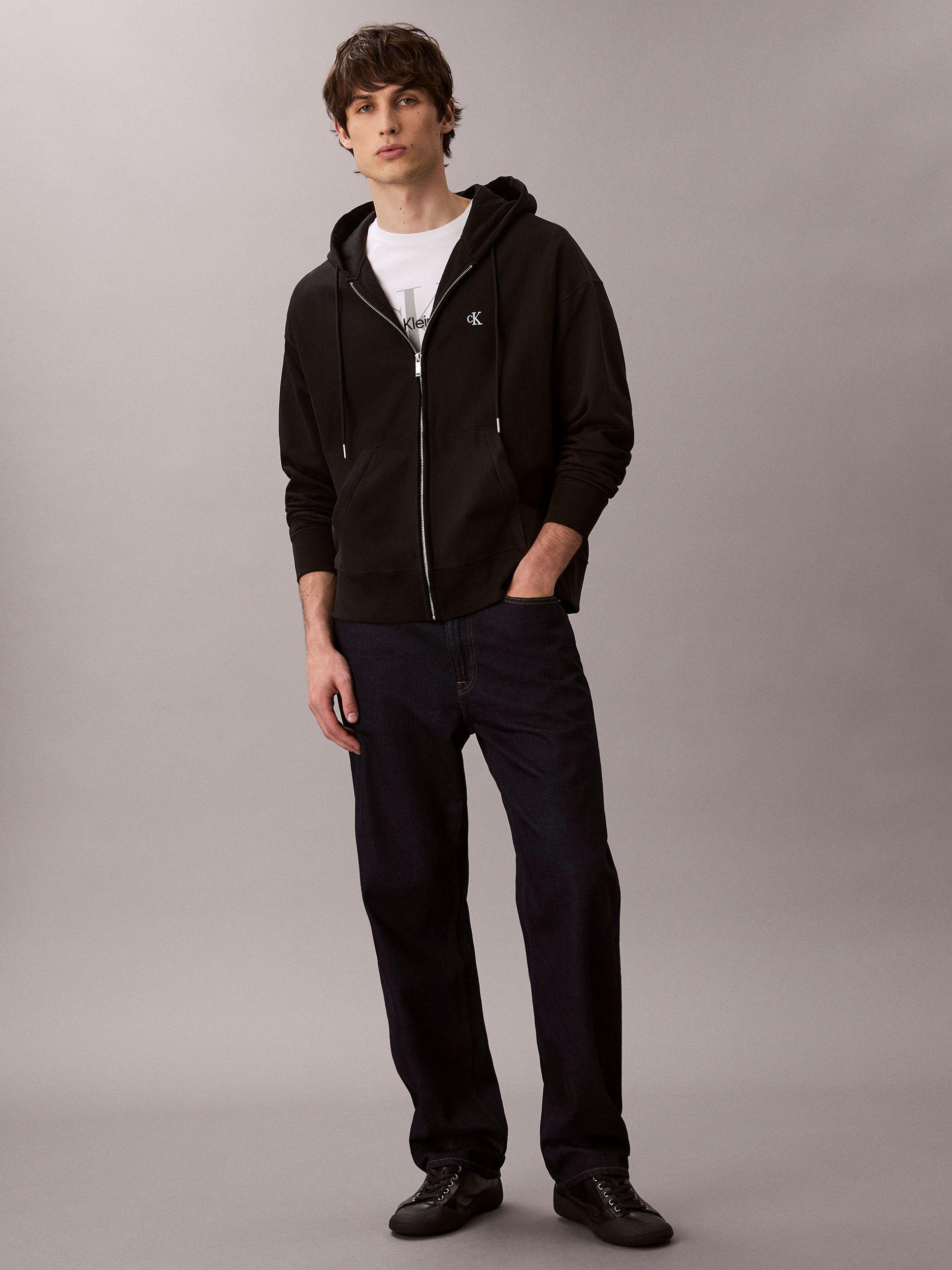 Product image 3 of 6, which shows Calvin Klein Monogram Zip Front Cotton Blend Hoodie, Black, S