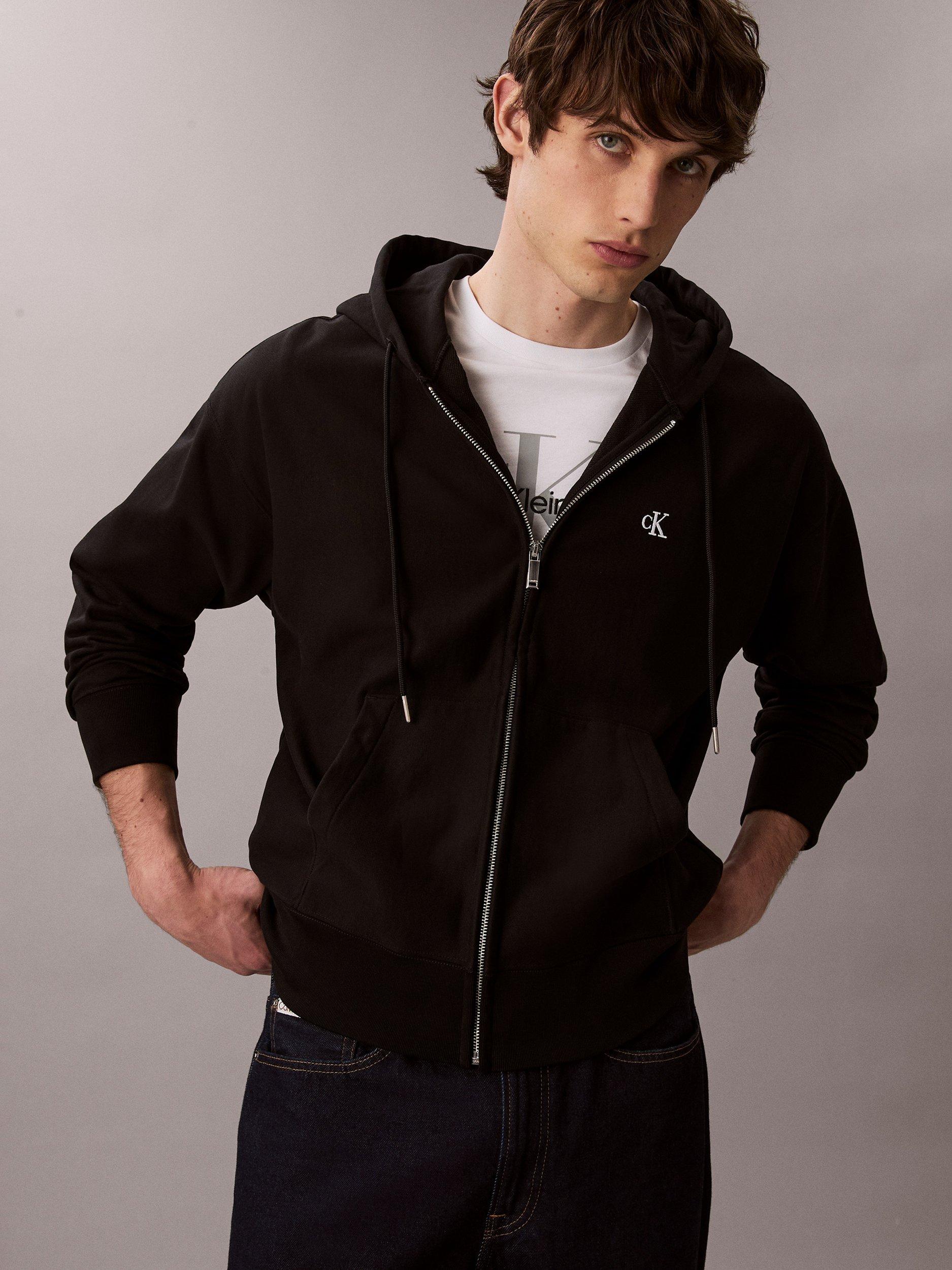 Product image 4 of 6, which shows Calvin Klein Monogram Zip Front Cotton Blend Hoodie, Black, S
