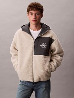 Calvin Klein Hooded Zip Front Monogram Sherpa Hoodie, Chalk, Chalk