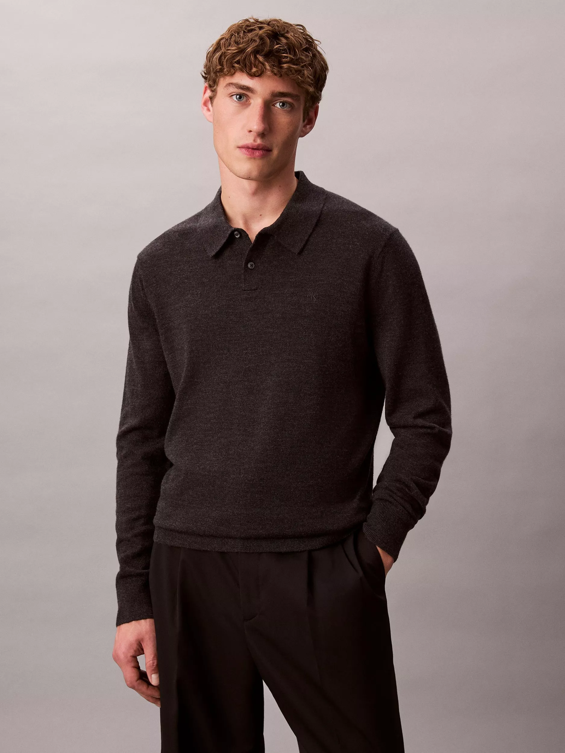 Calvin Klein Merino Wool Knit Polo Shirt, Gunmetal Heather