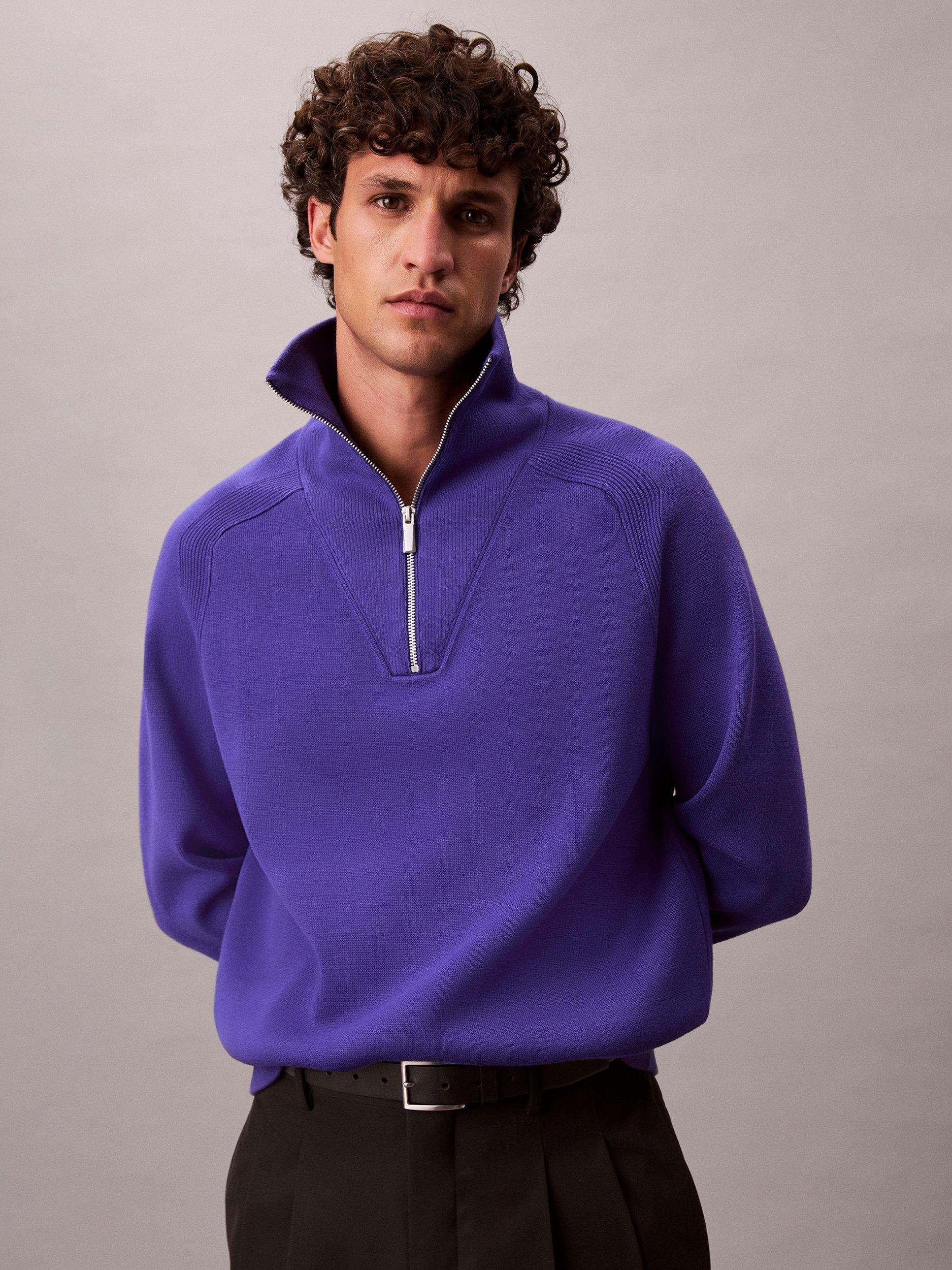 Product image 1 of 6, which shows Calvin Klein Tech Knit Quarter-Zip Jumper, Purple Craze, S